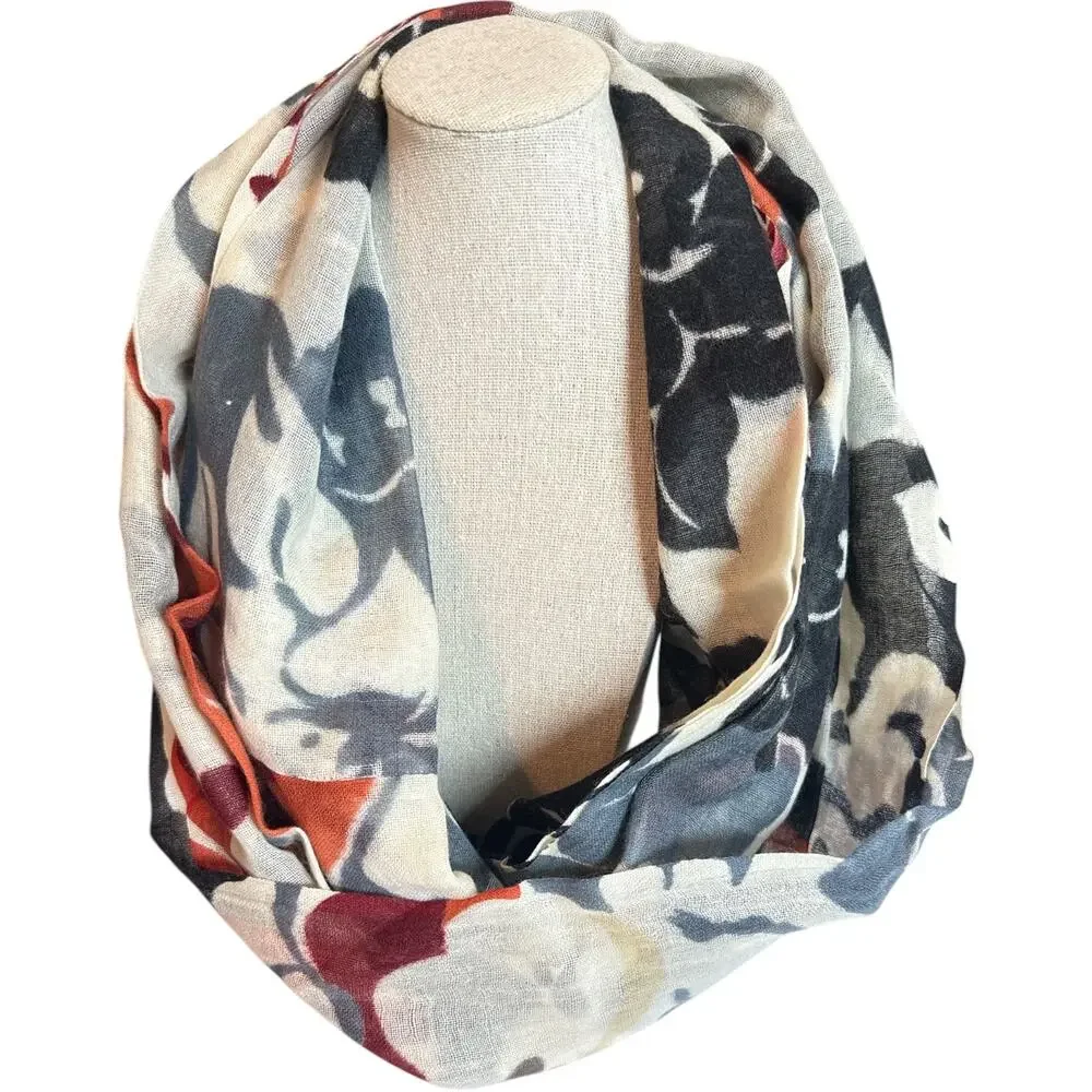 Saachi Floral Infinity Scarf Cream Blue Rust Lightweight Loop EUC 35” x 27”